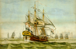 De Amsterdamse Oostindivaarder 'De Hoop' te midden van andere VOC-schepen bij Kaap de Goede Hoop gemaakt door een anonieme tekenaar in de 18de eeuw (Collectie Vereeniging Nederlandsch Historisch Scheepvaart Museum, Amsterdam)