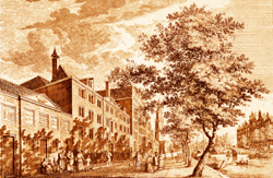 Gravure uit de tweede helft van de 18de eeuw met vooraan de twee gebouwen van het Nieuwezijds Huiszittenhuis op Prinsengracht 235-237 te Amsterdam, de instelling waar Johannes/Jan Tjerks bij zijn overlijden in 1771 binnenvader was.