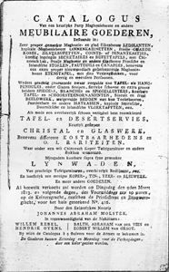 De voorkant van de catalogus van de verkoping van Dina Pfeil geboren Tjerks weduwe van Justus Hendrik Pfeil op 9 maart 1813 en volgende dagen op de Keizersgracht, tussen de Prinsenstraat en Brouwersgracht, voor het huis No. 416.